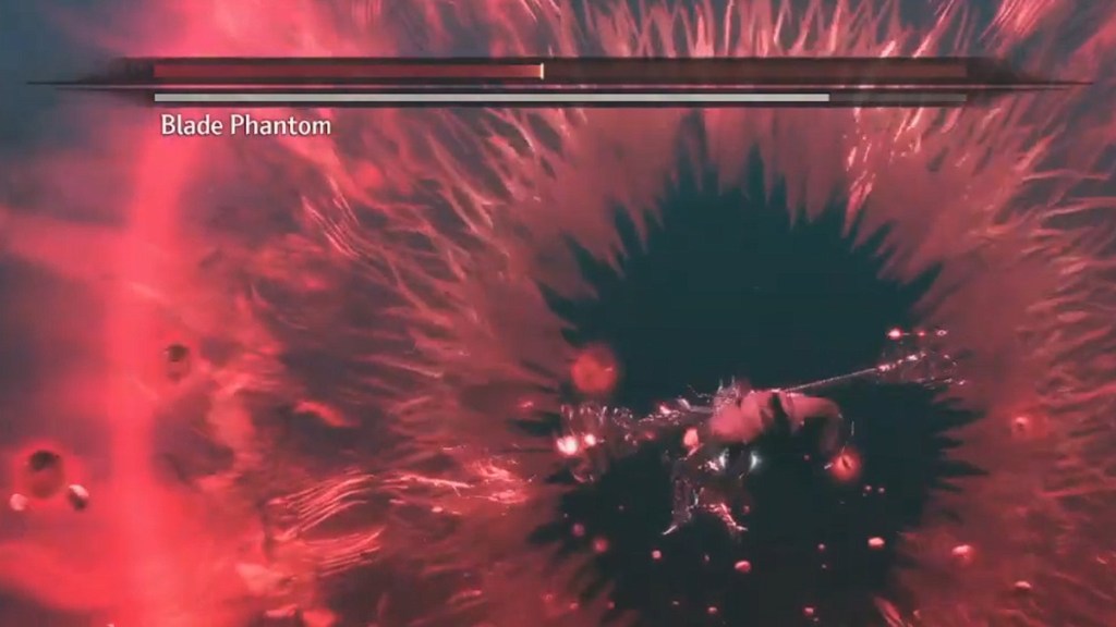 A bright red Lacrima explosion erupts from the Blade Phantom boss in The First Berserker: Khazan