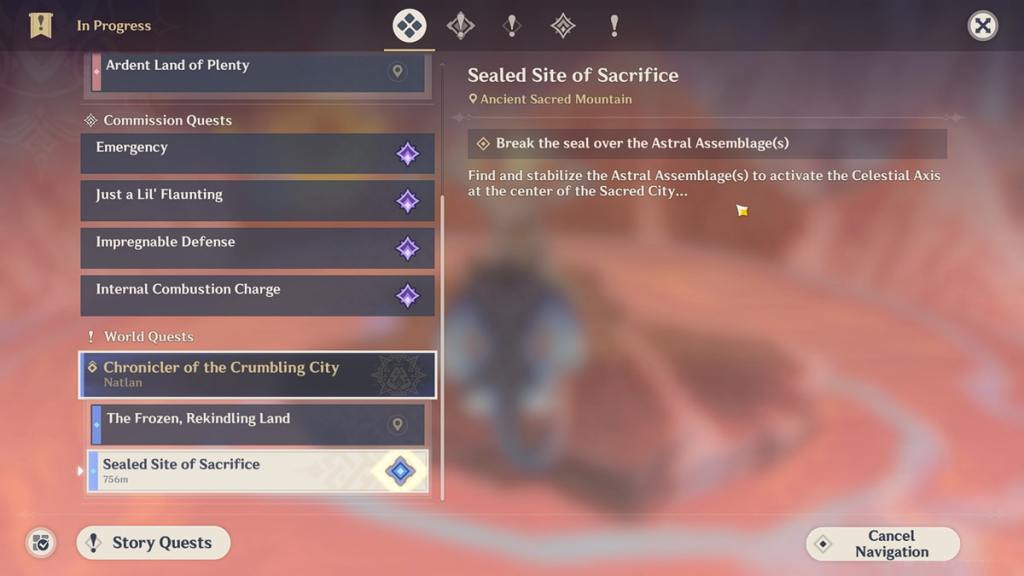 The Sealed Site of Sacrifice quest in the quest tab