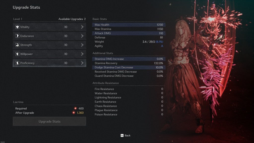 A stats screen showing how to upgrade stats and level up in The First Berserker: Khazan