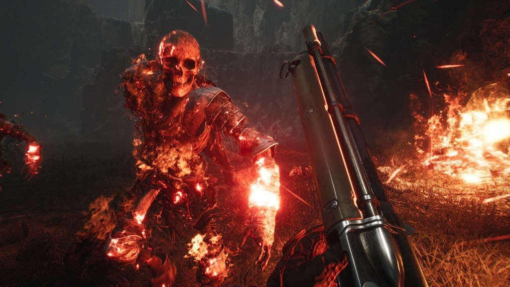 A Witchfire gameplay screenshot featuring a close-up of a skinned skeleton thing.
