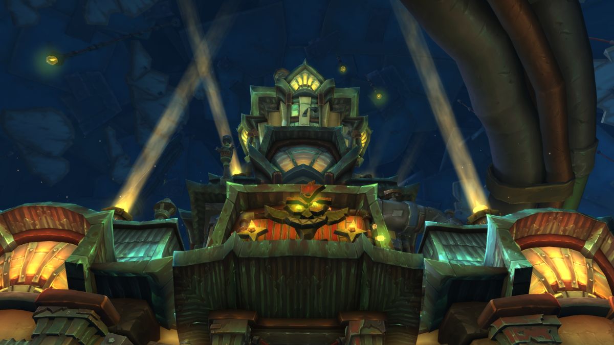 A look at the Incontinental Hotel in Undermine, featuring a tall tower and bright lights.