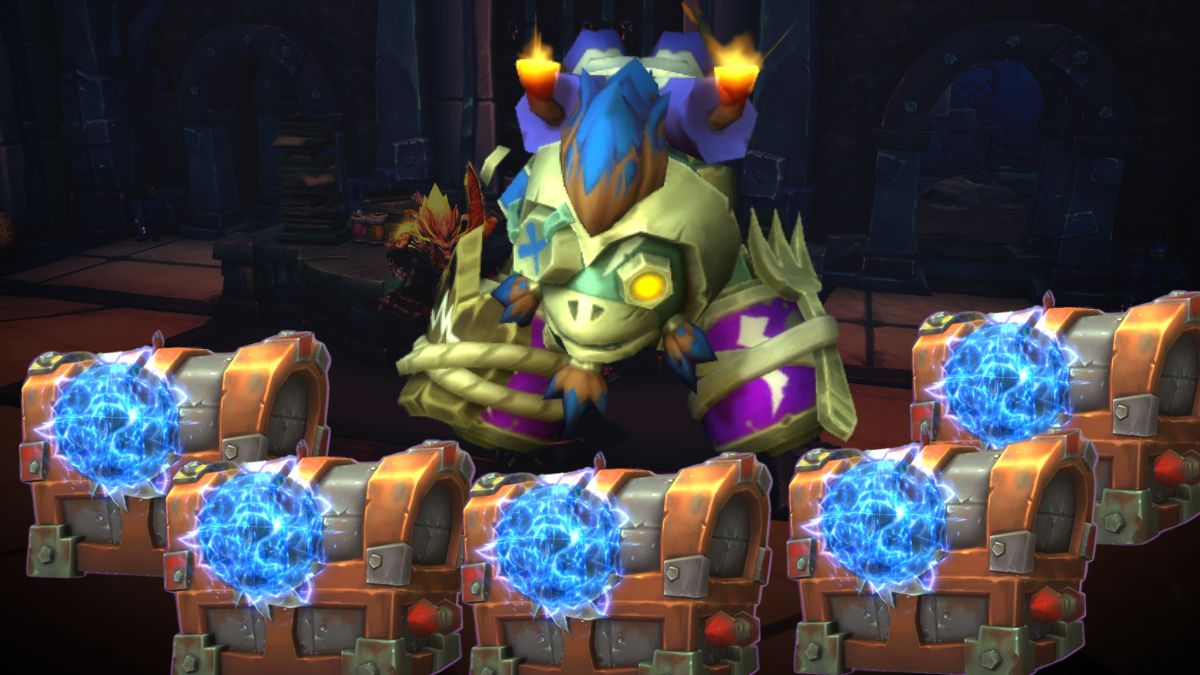 A gorilla-robot stands surrounded by five treasure chests