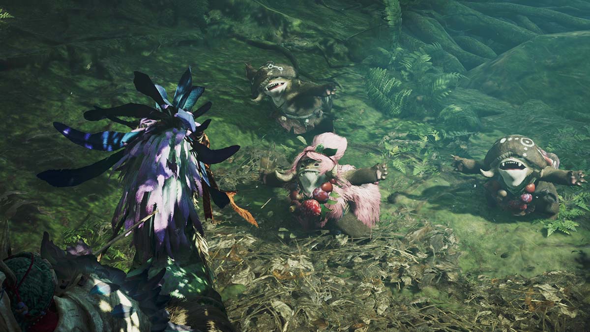 Wudwuds and a Seikret in Monster Hunter Wilds