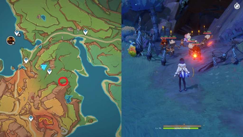 hilichurls surrounding one of urubamba's baby tatankasaur