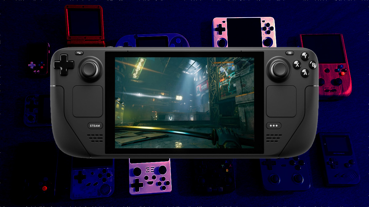 Affordable emulation alternatives for the steam deck - a Steam Deck in front of Anbernic devices