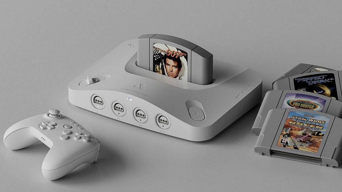 The Analogue 3D Nintendo 64 machine on a light gray background, with some N64 games, such as GoldenEye 007.
