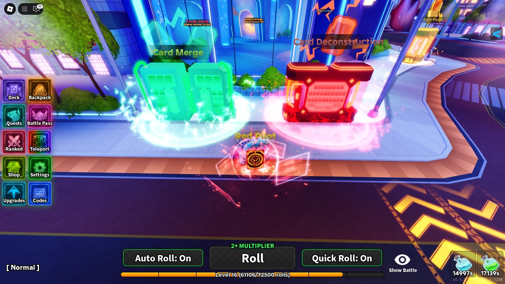 Location of the Merge Card and Card Deconstruction machines in the Anime Card Clash Roblox experience