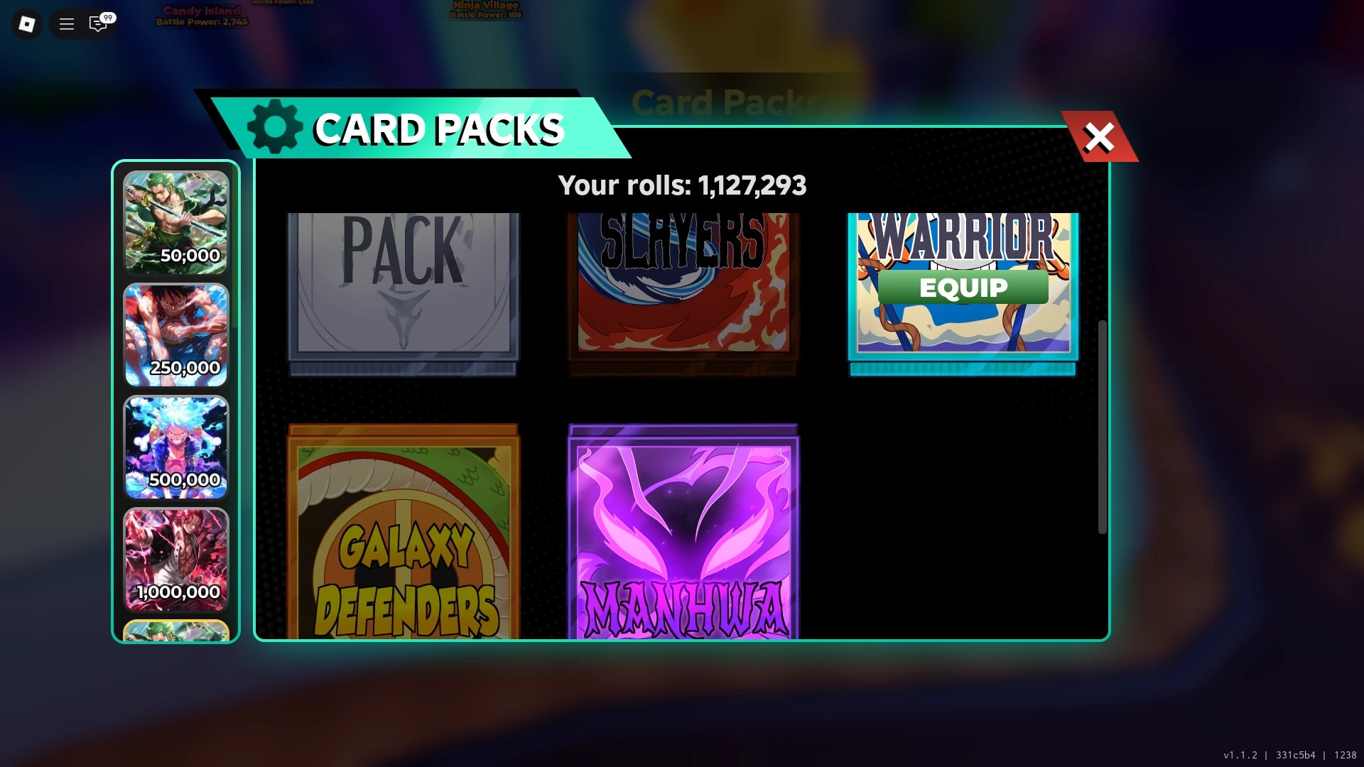 Preview of the available unlockable card packs in the Anime Card Clash Roblox experience