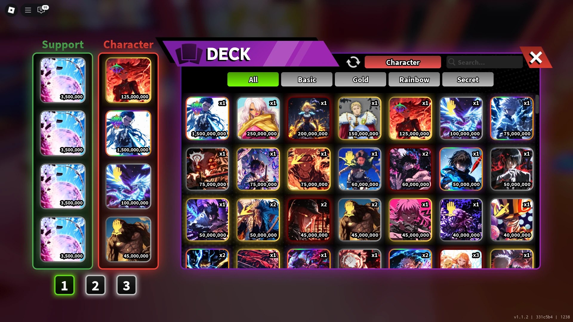 Preview of the Deck menu in Anime Card Clash with all sorts of cards in it
