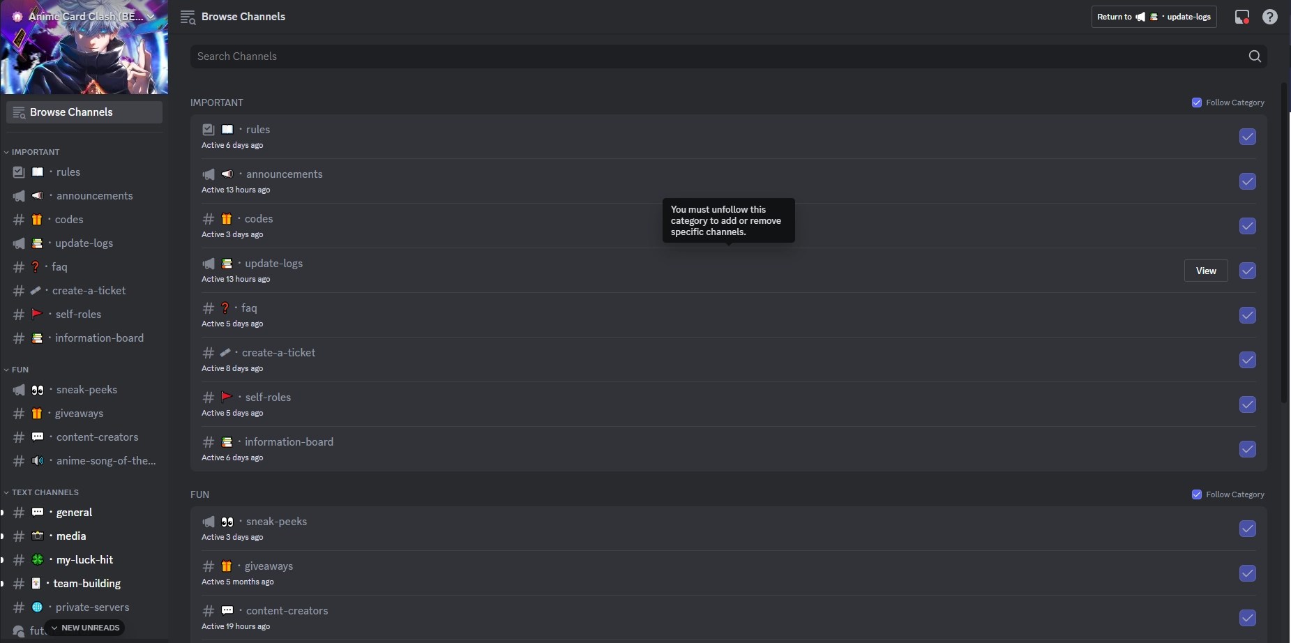 Preview of the Anime Card Clash Discord Server