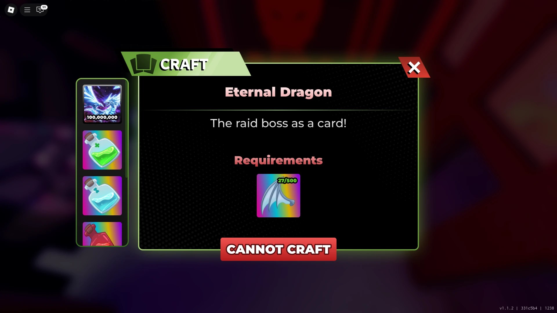 Preview of the Raid exchange NPC's stock in the Anime Card Clash Roblox experience