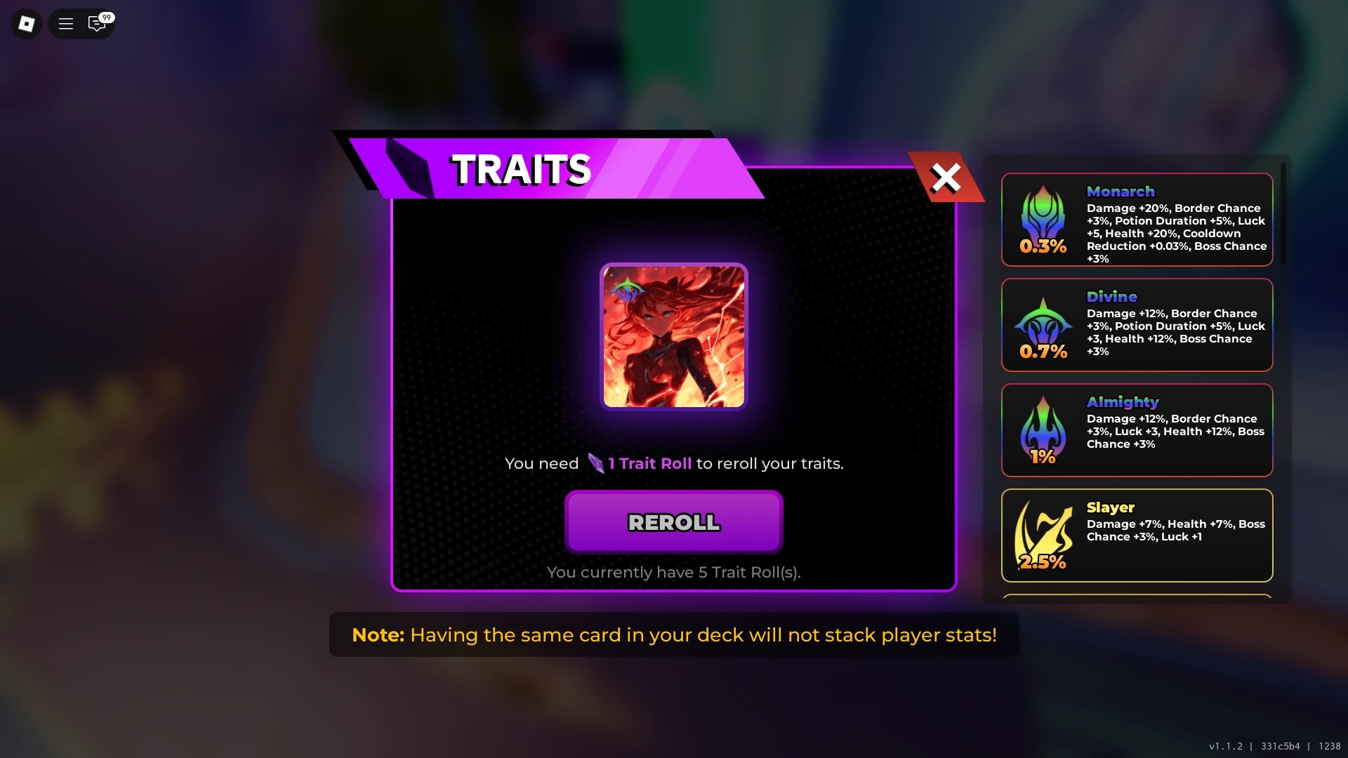 Preview of the Trait reroll menu in the Anime Card Clash Roblox experience