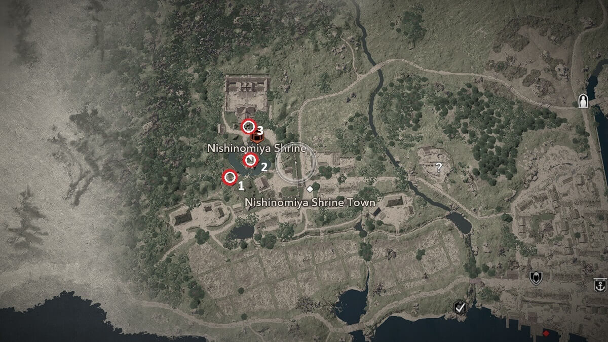 Assassin's Creed Shadows screenshot of the Nishinomiya Shrine locations.