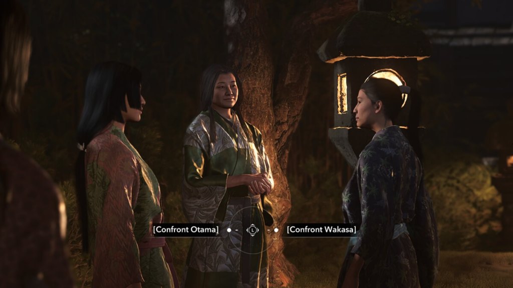 Assassin's Creed Shadows screenshot of Naoe choosing between Wakasa or Otama after the Tea Ceremony.