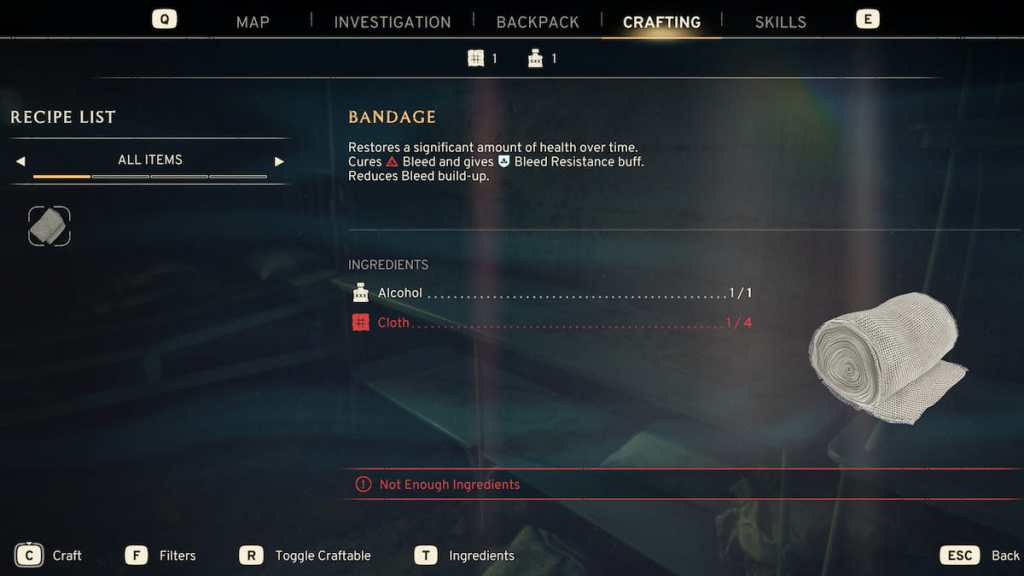 Atomfall bandage crafting menu