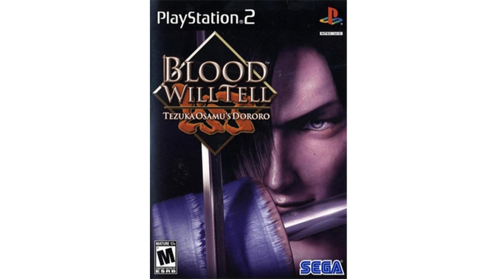 The cover art for Blood Will Tell shows the face of the playable samurai and his two blades.