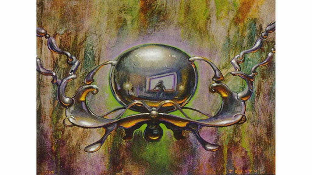 The artwork for Chrome Mox shows a mysterious artifact with a reflection on it.