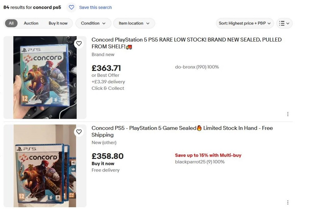 Screenshot from eBay, showing a couple of listings for Concord on PlayStation 5.