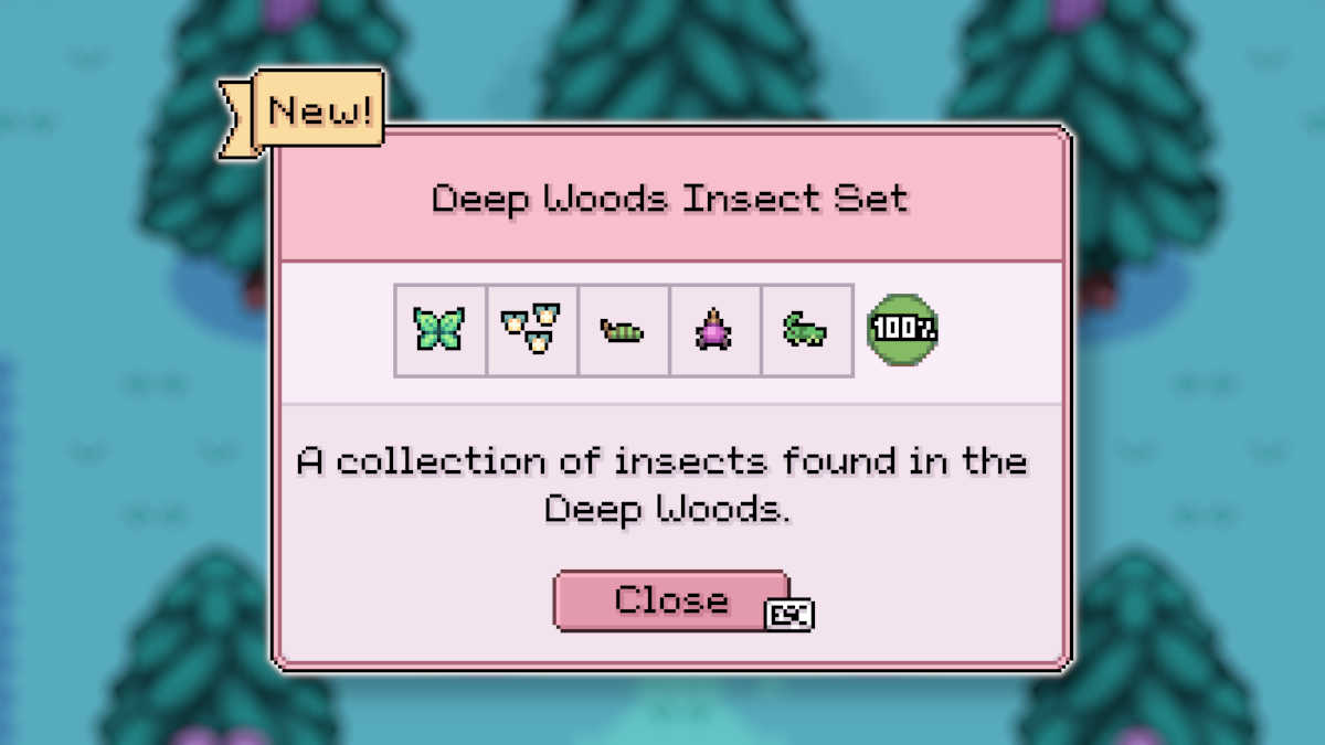 The Deep Woods Insect Set as it appears when handing items to the Museum in Fields of Mistria