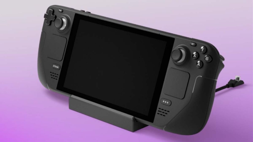 A render showing the Steam Deck and its docking station underneath.