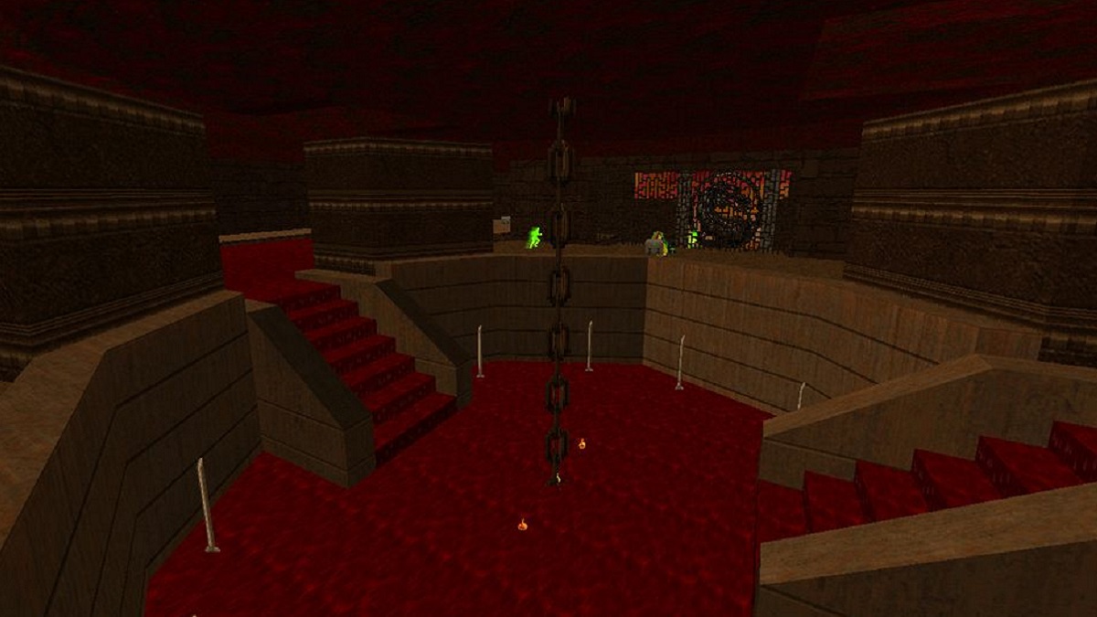 Doom 2: a wide angle screenshot showing a pool of blood and the Mortal Kombat logo in the distance.
