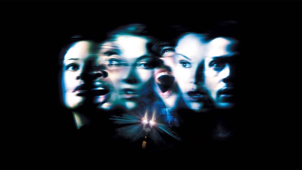 The poster for Final Destination 2 shows the faces of the main characters looking terrified over a perilous road.