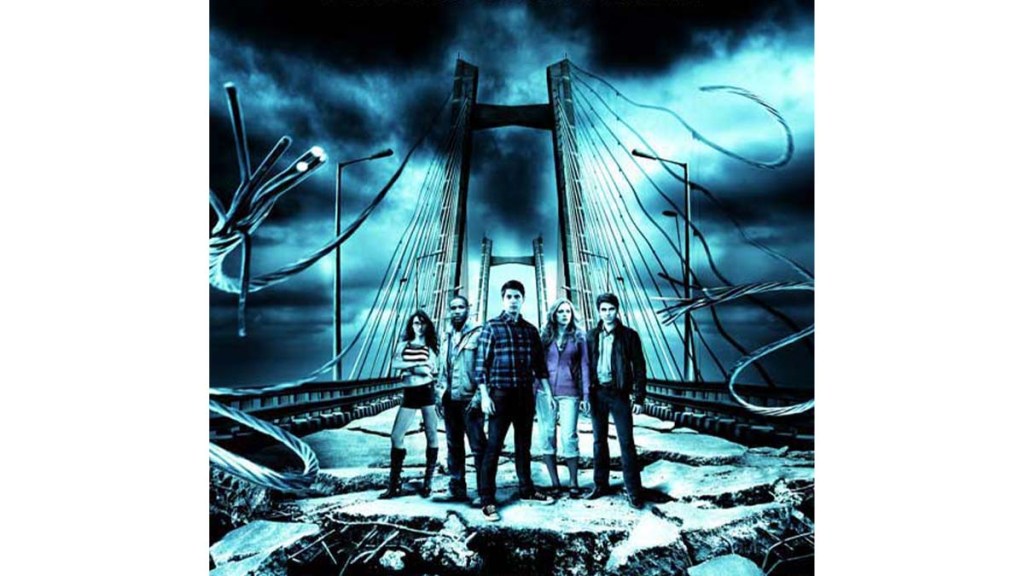 The poster for Final Destination 5 shows the main cast on a collapsing bridge.
