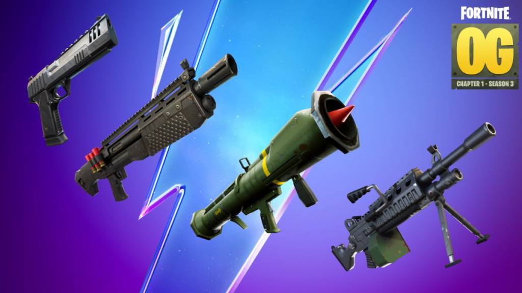 Four weapons in the Fortnite OG Season 3 loot pool.