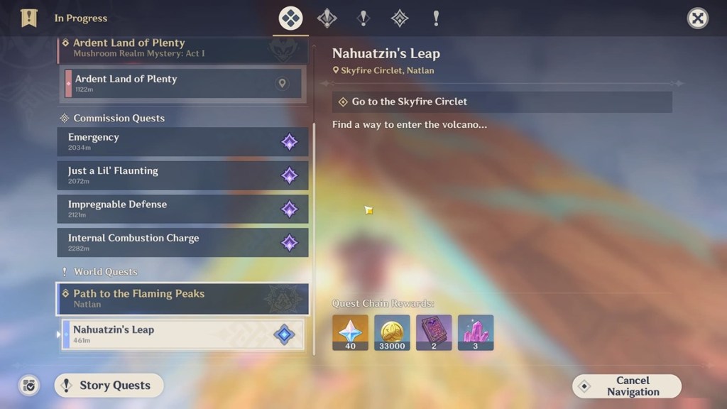 Nahuatzin's Leap quest in the quest tab