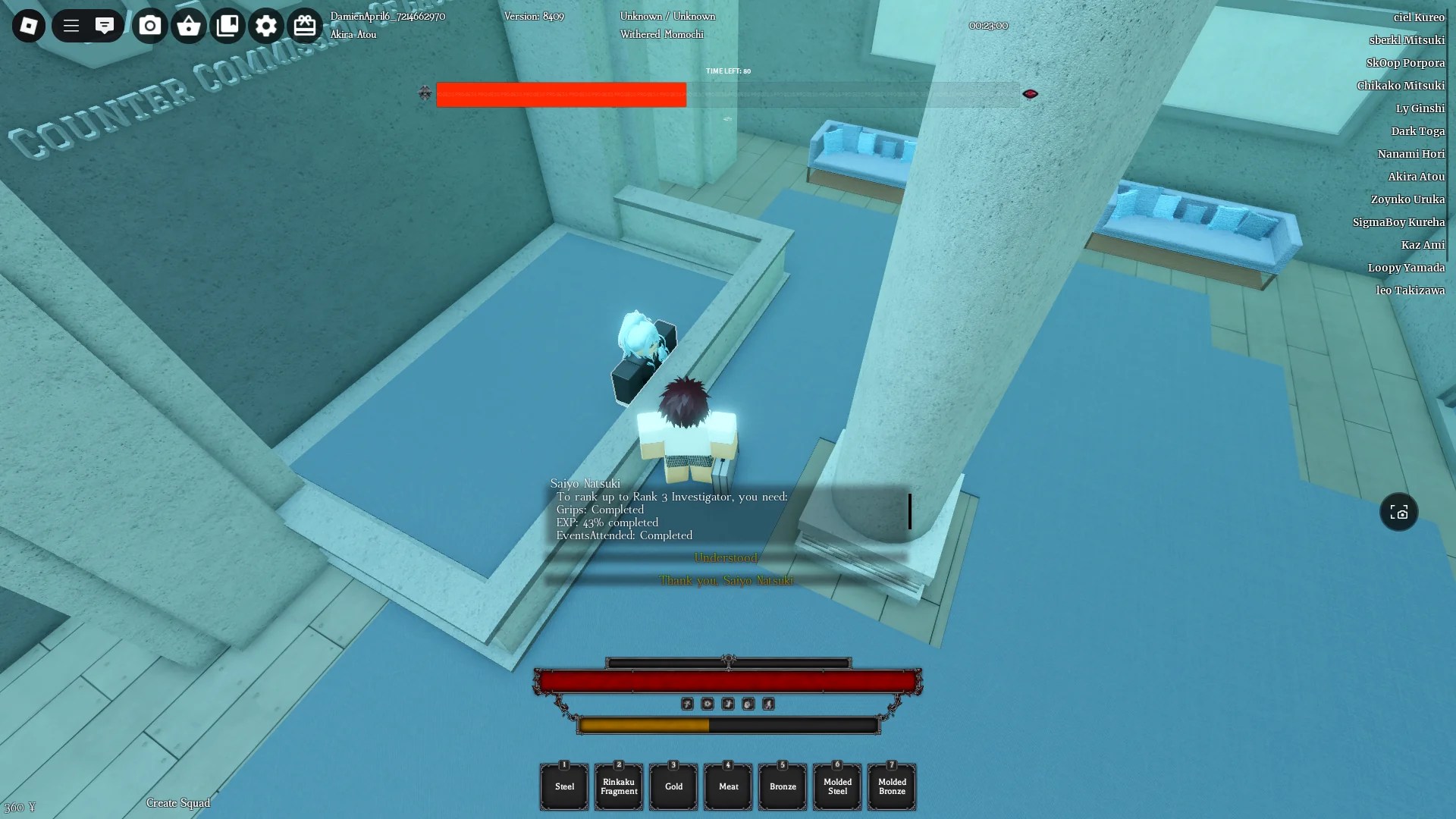 A player standing next to Saiyo Natsuki Rank-up NPC in the CCG building in Ghoul://RE Roblox experience