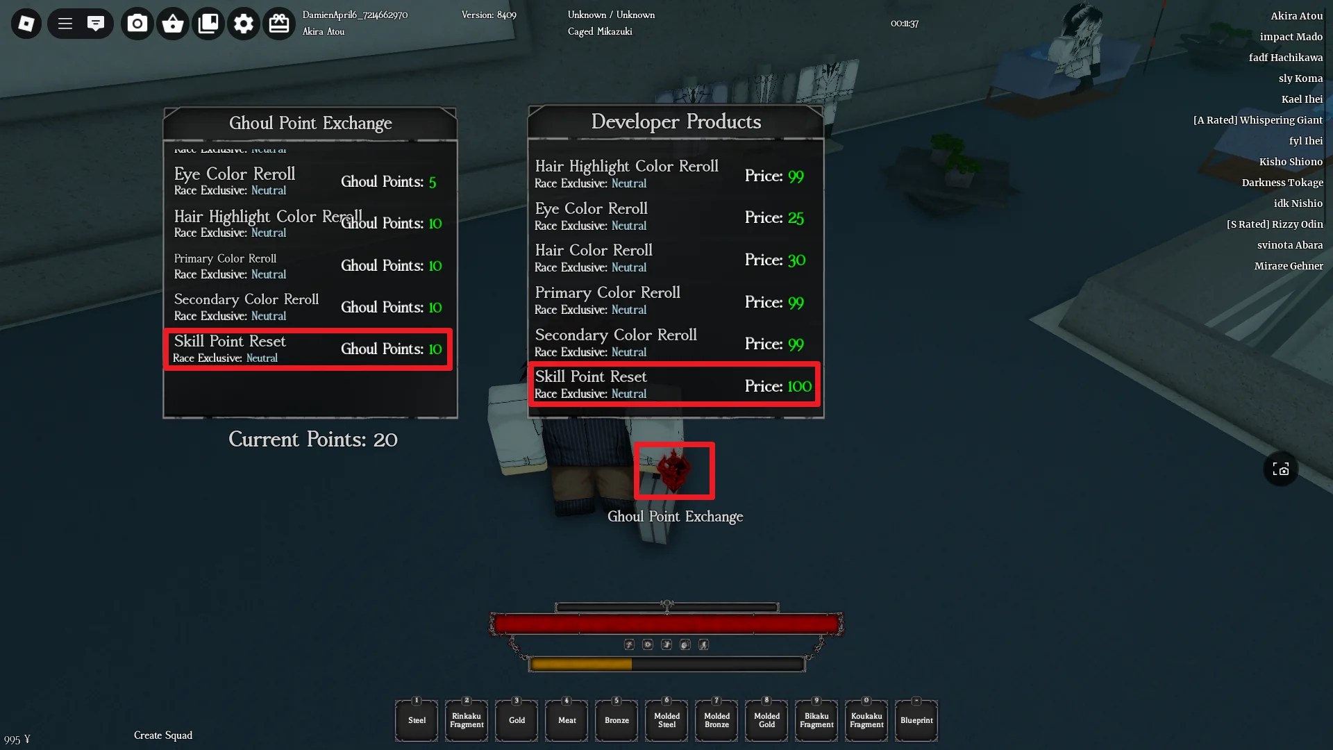 Preview of the Shop menu in Ghoul://RE Roblox experience