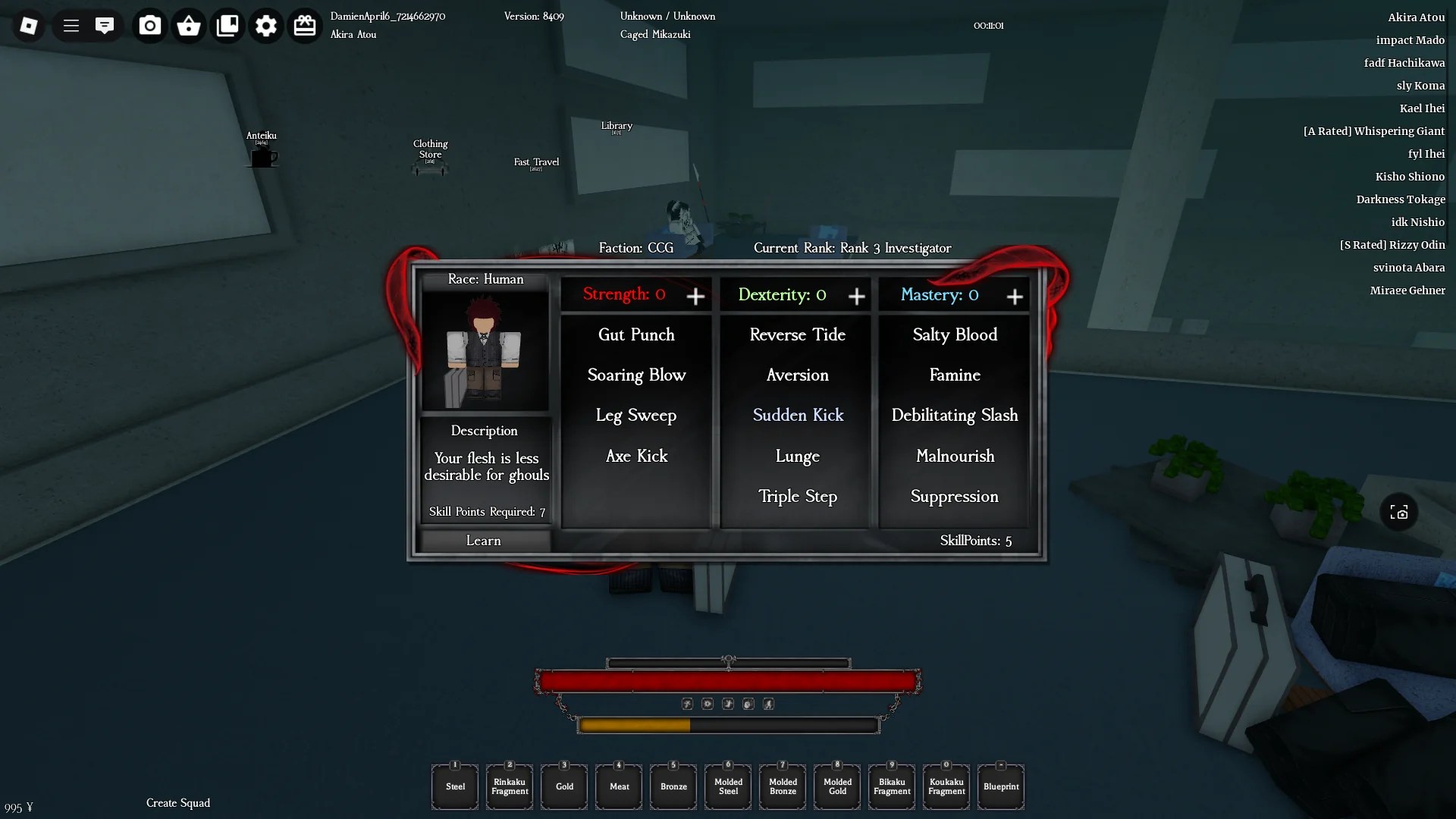 Preview of the Quinque skill tree in Ghoul://RE Roblox experience