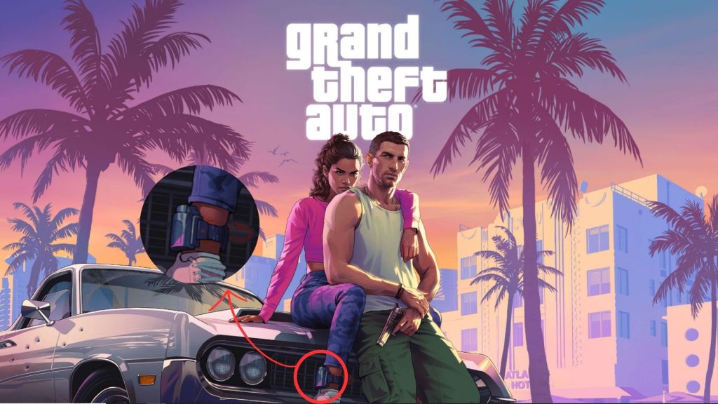 A GTA 6 promotional art showing Lucia wearing an ankle monitor. An inset shows a zoom into the monitor.