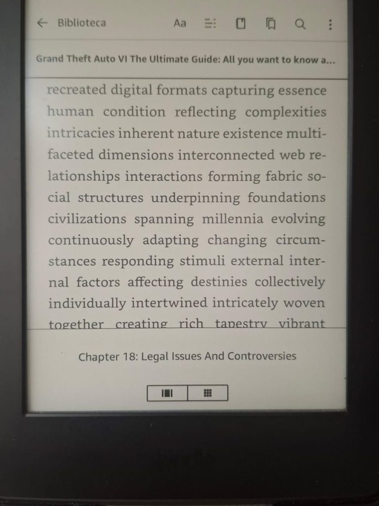 A Kindle ebook reader showing text from a fake GTA 6 book.