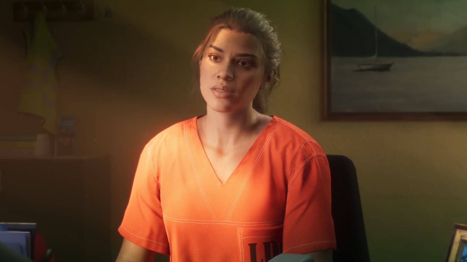 Lucia wearing an orange inmate uniform in GTA 6.