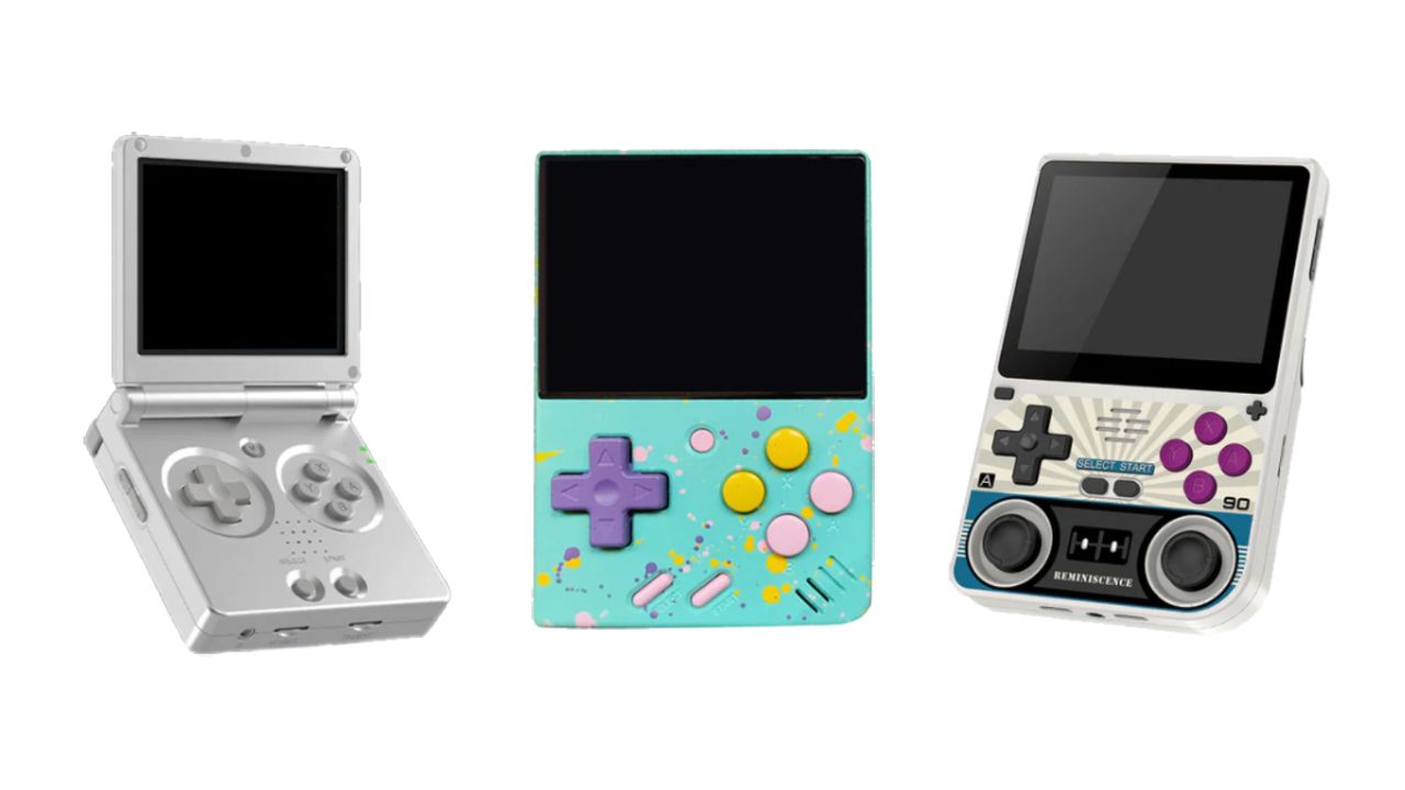 Three handheld consoles (the Powkiddy v20, the Metal Miyoo Mini Plus, and the Anbernic RG 35XXSP) on a white background.