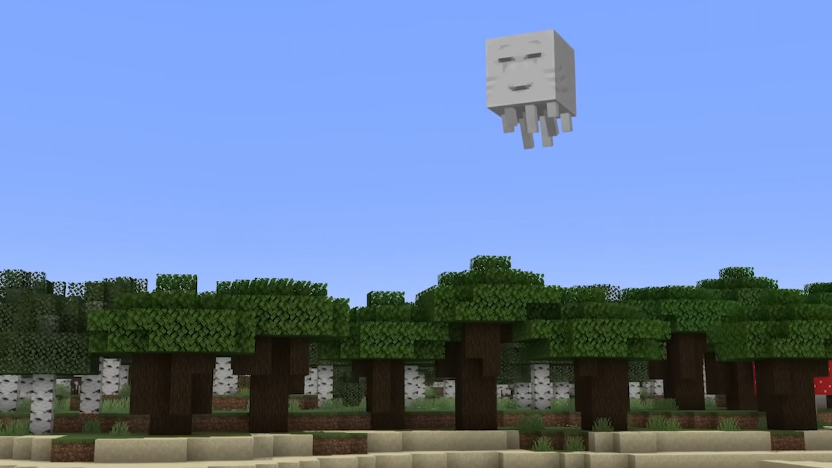 A smiling Happy Ghast flying over a forest in Minecraft.