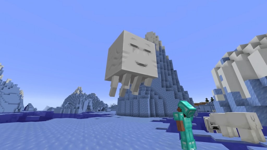 A Happy Ghast smiling while flying over a player wearing diamond armor standing on ice in Minecraft. 