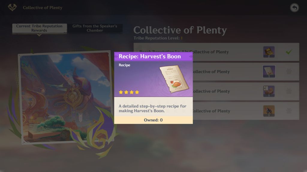 harvest's boon recipe reward for reaching reputation level 2 in collective of plenty