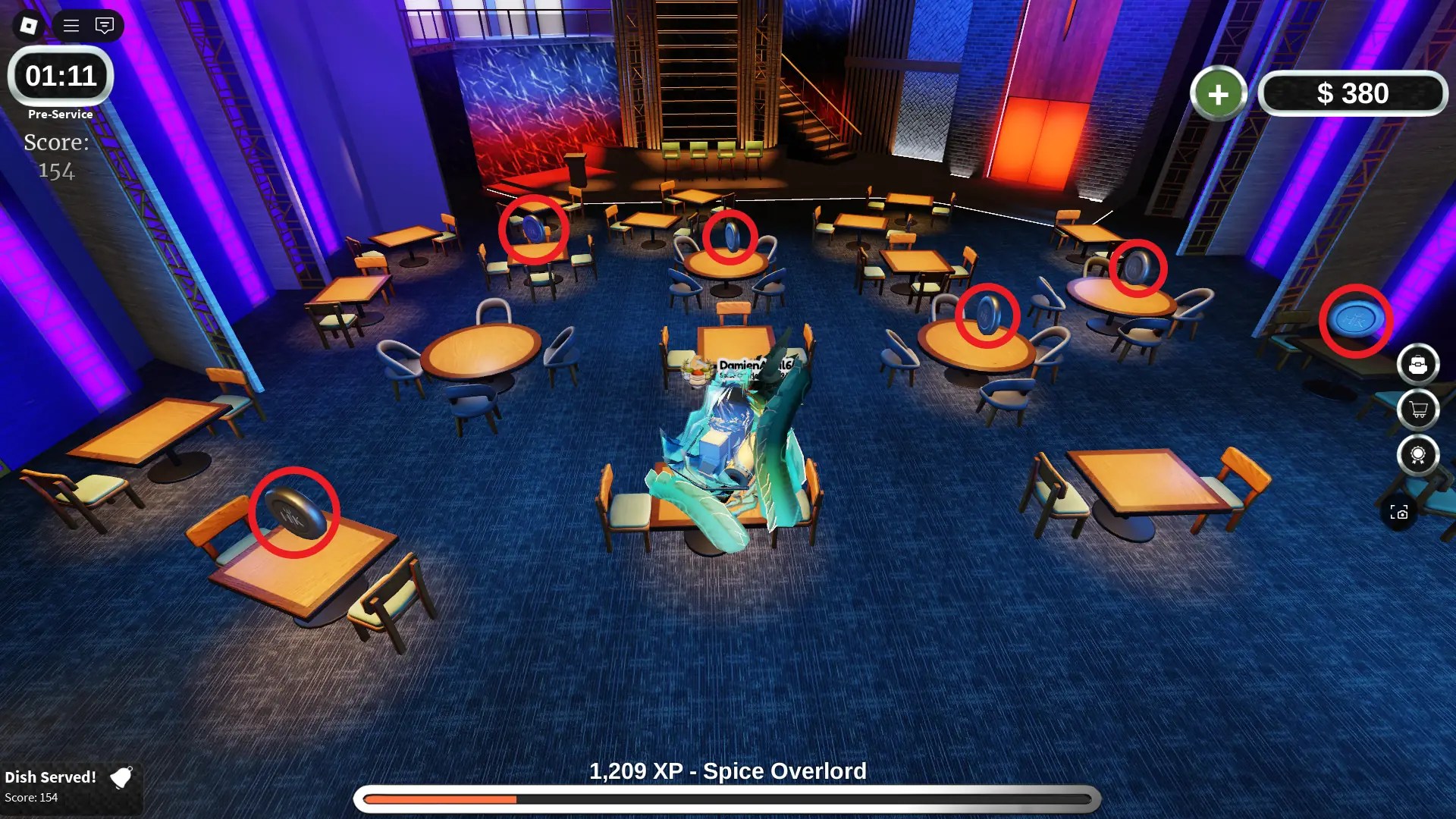 A player collecting coins in the Hell's Kitchen Roblox experience