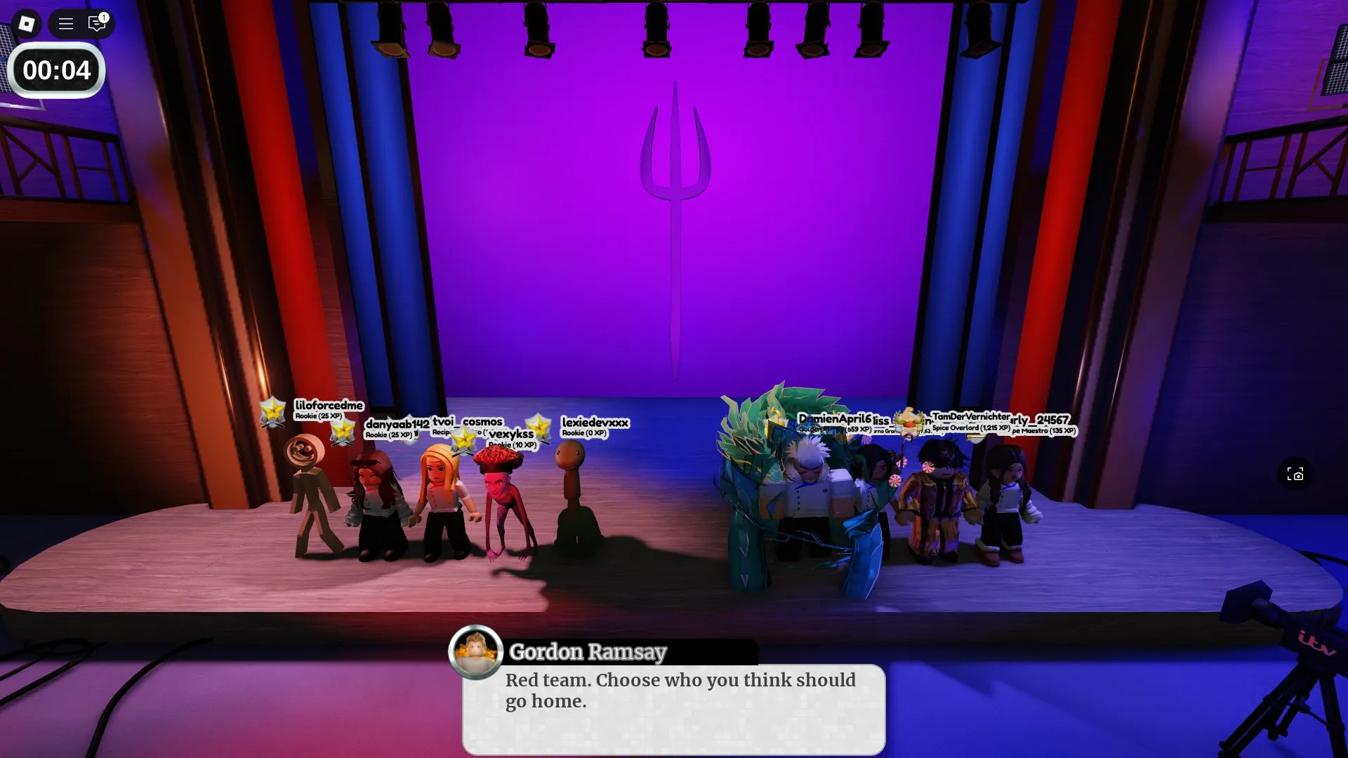 Players voting for who will be eliminated from a game in Hell's Kitchen Roblox experience