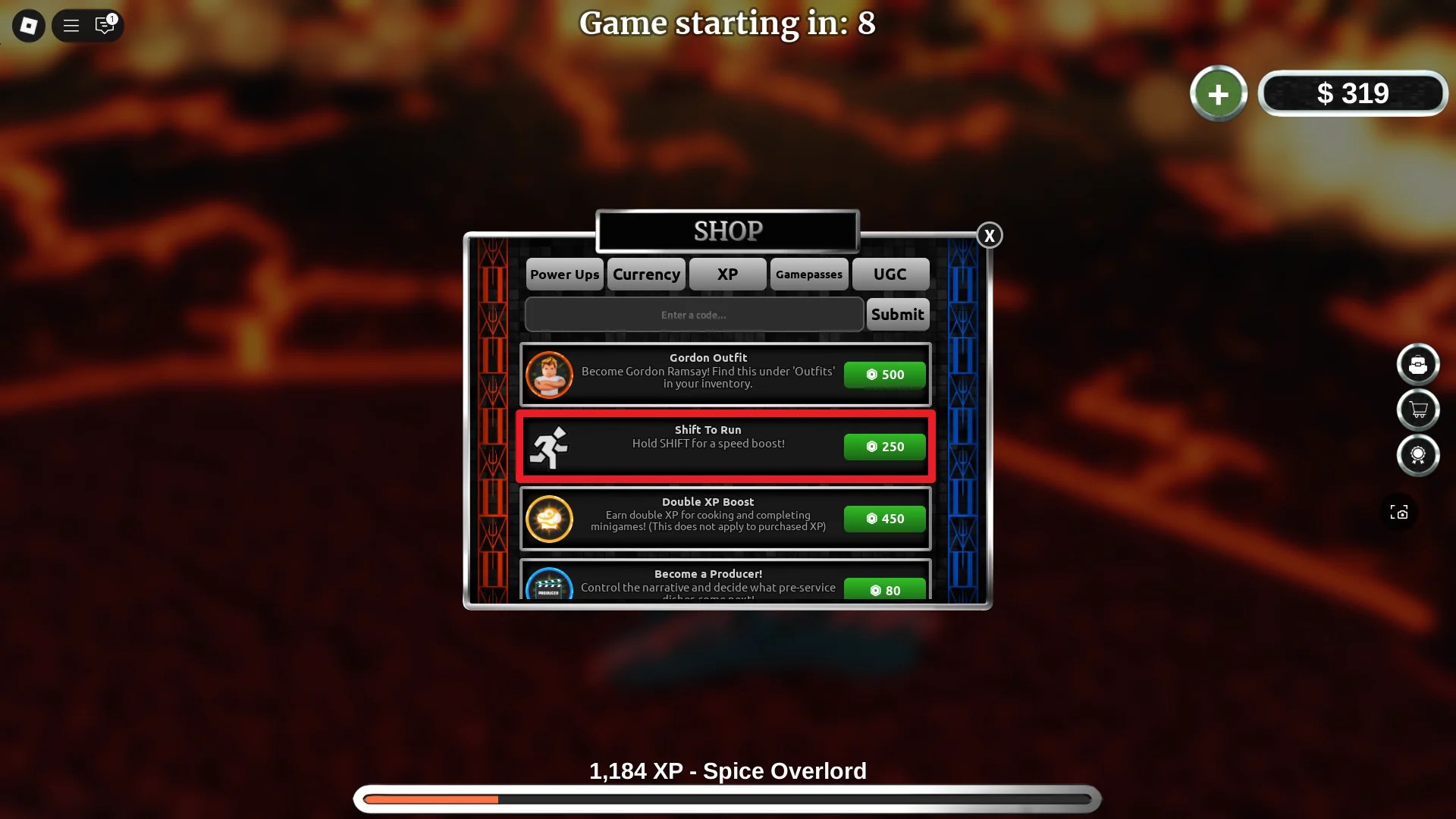 Preview of the available gamepasses in the Hell's Kitchen Roblox experience