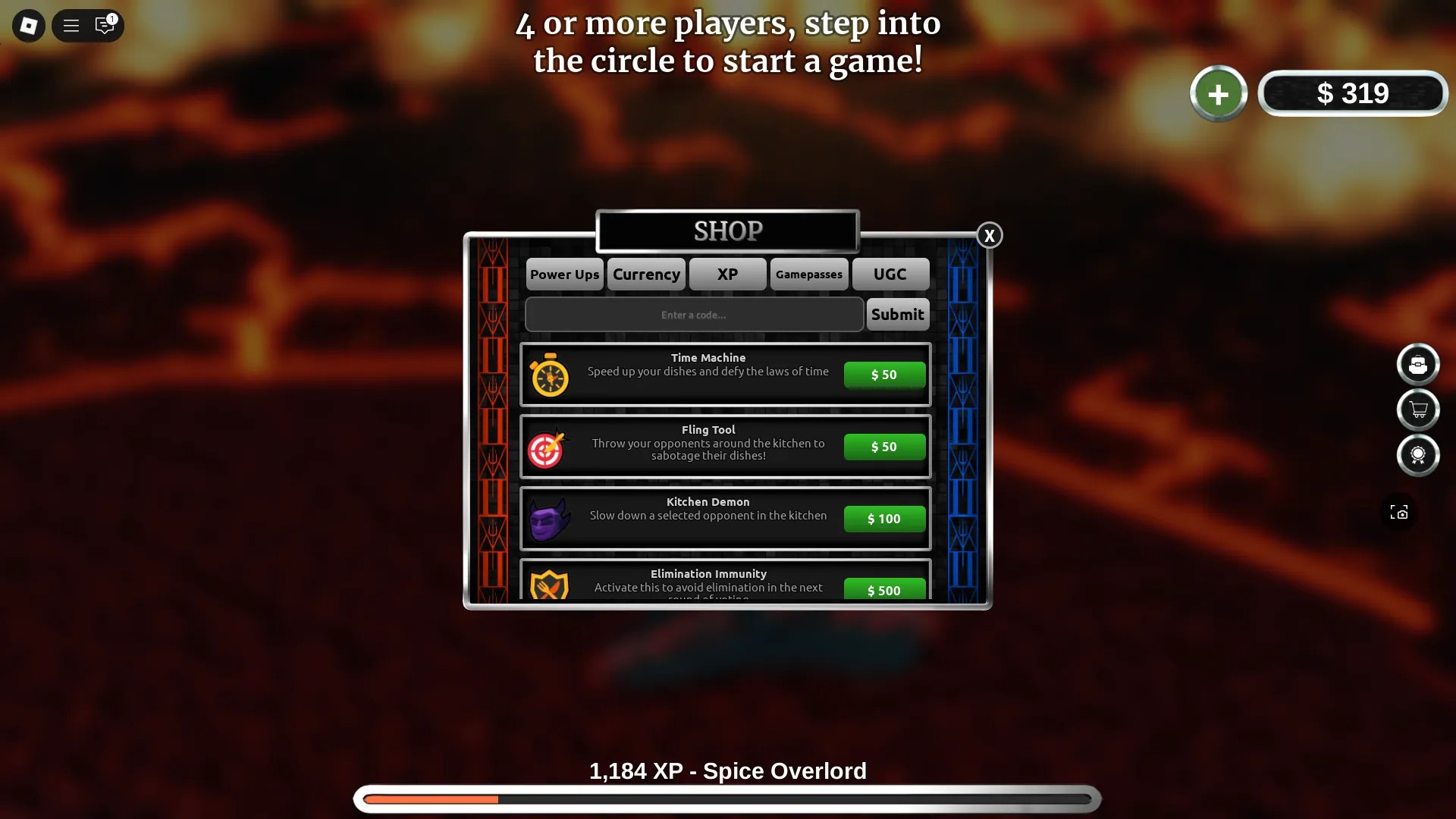 Preview of avaliable power ups in Hell's Kitchen Roblox experience