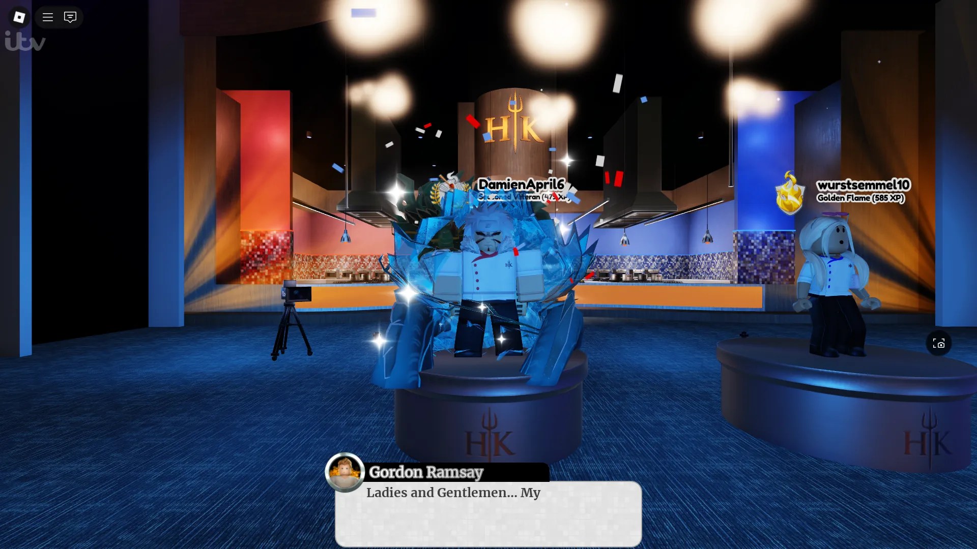 A player sitting on the winning podium in Hell's Kitchen Roblox experience
