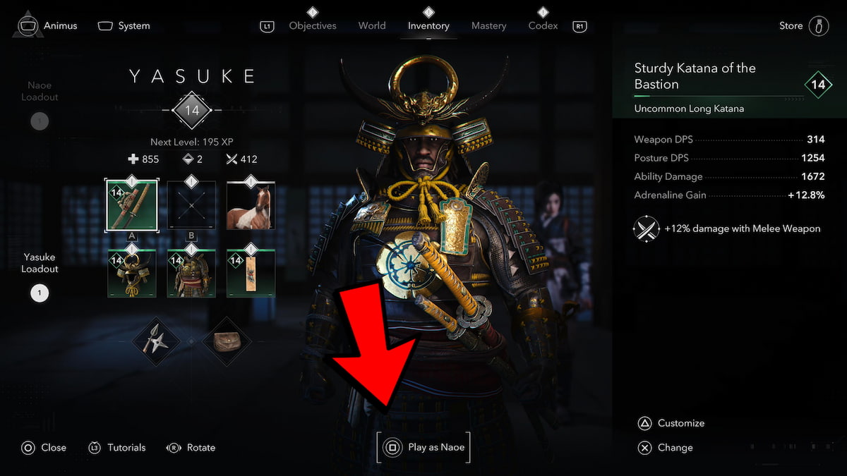 Changing the playable character to Naoe in Inventory