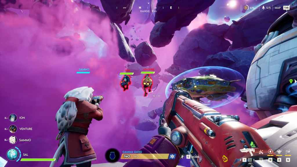 A screenshot from Wildspace showing a first-person perspective of the character holding a red gun while floating in space.