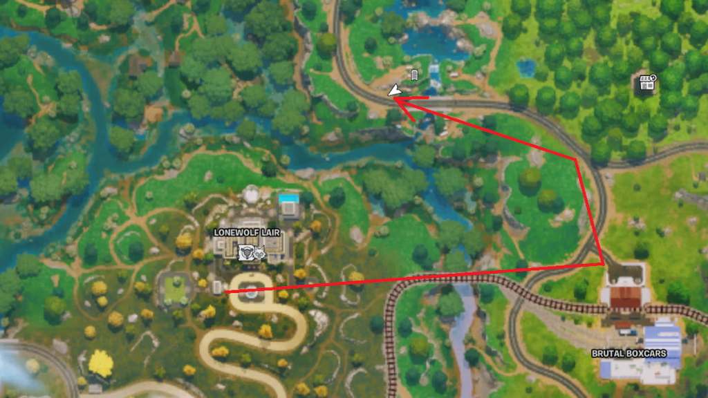 A map in fortnite with a pathway from lonewolf lair to near magic mosses for the joyride.