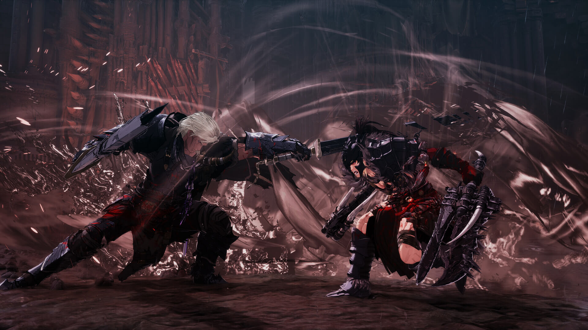 Two characters attacking each other with swords and axe in Khazan