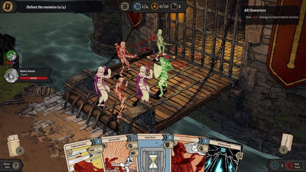 Fighting two skeletons and two men on a bridge in Knights in Tight Spaces.