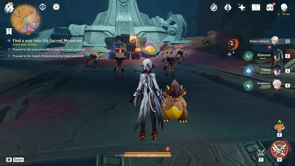 Hilichurls dancing in front of the chests in Fallinstar Fields ruins.